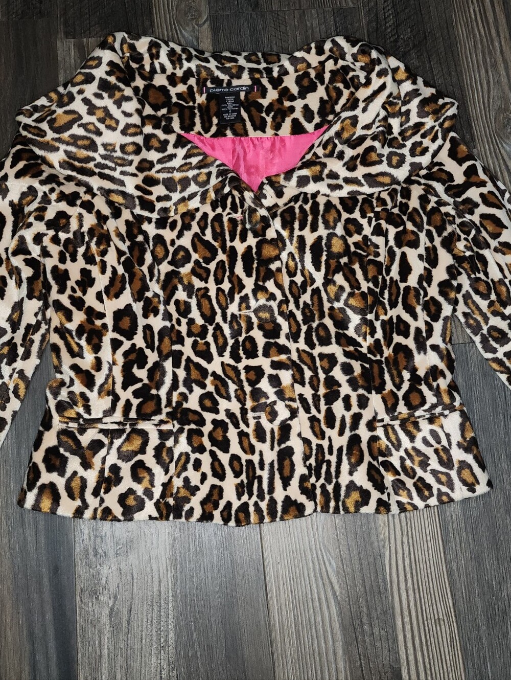 Pierre Cardin Y2K Leopard Print Jacket Sz 12 Faux Fur Shawl Collar Mobwife Money